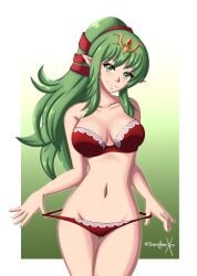 1girls ass_visible_through_thighs bare_arms bare_midriff bare_shoulders bare_thighs bra breasts clothing collarbone female female_only fire_emblem fire_emblem_awakening gradient_background green_background green_eyes green_hair long_hair looking_at_viewer matching_underwear medium_breasts midriff nintendo panties panty_pull pointy_ears ponytail red_bra red_panties shoulders smile solo sonicheroxd teasing thighs tiki_(adult)_(fire_emblem) tiki_(fire_emblem) underwear undressing very_long_hair