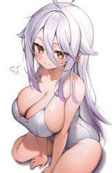 ahoge big_breasts blush covered_breasts cute cute_face female gradient_hair henya_the_genius kaptivate long_hair looking_at_viewer petite petite_body petite_female purple_hair shortstack sitting sitting_down sitting_on_floor swimsuit two-tone_hair vshojo white_background white_hair yellow_eyes