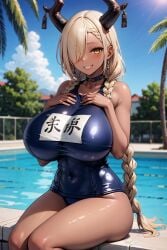 1girls ai_generated azur_lane blonde_hair braid braided_hair breasts competition_swimsuit female flyingpancake gyaru hair_over_one_eye hips huge_breasts long_hair one-piece_swimsuit outdoors owari_(azur_lane) sitting smile solo stable_diffusion swimsuit tan tan-skinned_female tanned_skin thick_thighs thighs twintails water wide_hips