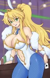 1girls artoria_pendragon artoria_pendragon_(lancer) artoria_pendragon_(swimsuit_ruler) blonde_hair breasts bunny_ears bunnysuit chronosth1 deviantart fanbox_reward fate/grand_order fate_(series) gummslime gumroad leotard patreon playing_card poker_chip ponytail solo tagme