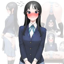 ai_generated black_hair blue_eyes blush brush404 grey_skirt jacket k-on! kneehighs loafers long_hair long_sleeves looking_at_viewer mio_akiyama_(k-on!) ribbon school_uniform shimapan skirt stable_diffusion white_shirt