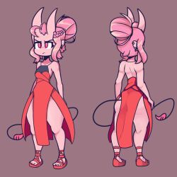 1girls 2020 back_view background carrie_(giidenuts) dress earrings front_view full_body fully_clothed giidenuts heels horn original ponytail reference_image reference_sheet short_hair solo solo_female solo_focus standing tail thick_thighs thighs toes