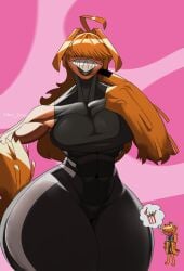 1girls ahoge ben_10 bodysuit chaquetrix chicken_(food) grin hidden_eyes huge_breasts looking_at_viewer orange_hair orcalimon sharp_teeth skin_tight smile solo thick_thighs voluptuous vulpimancer wide_hips wildmutt