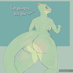 2d absurd_res angry anthro anus arms_bent ass back_boob bethesda_softworks big_ass blush blush_lines breasts clenched_teeth completely_nude deeja dialogue female genitals green_body hi_res horn pussy rear_view scales scalie scalie_female scalie_only side_boob simple_background skyrim slightly_chubby solo spank_marks tail teeth teeth_showing the_elder_scrolls thick_tail thick_thighs threatening_words tsundere varlastreak video_games wide_hips yellow_eyes