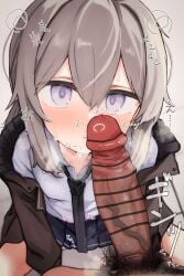 1boy absurdres bar_censor black_necktie blush breath censored commentary_request erection female girls'_frontline grey_hair h.yasai hair_between_eyes heavy_breathing highres looking_at_viewer m200_(girls'_frontline) male_pubic_hair necktie parted_lips penis pov pov_crotch pubic_hair purple_eyes shirt smelling smelling_penis solo_focus sound_effects straight sweat veins veiny_penis white_shirt