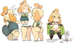 2023 animal_crossing ass big_ass blush blush_lines bra canine closed_eyes dog dog_ears dog_girl dog_tail ear_piercing embarrassed flat_chest furry haramikarubi isabelle_(animal_crossing) lloid_(animal_crossing) multiple_poses nintendo orange_fur orange_hair panties pawpads presenting presenting_body simple_background stockings succubus_tattoo sweat tail yellow_body yellow_hair