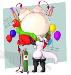 air_inflation air_pump anthro areola balloon bandai_namco belly belly_expansion belly_inflation big_belly big_breasts bike_pump breast_expansion breasts dig_dug digital_media_(artwork) dragon dragonfron duo expansion female female/female fygar genitals hi_res hose_bulge hose_in_butt hose_inflation huge_breasts hyper inflatable inflation inflation_fetish nipple_fetish nipple_penetration nipple_play nipples nude penetration puff_kiss puffy_nipples pussy reptile scalie simple_background tail tara_(taranima) thick_thighs vaginal_penetration wings