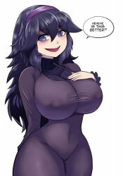 1girls 2023 allbeatnik big_breasts blue_eyes blue_hair dialogue english_text female female_only hairband hand_on_chest hex_maniac long_hair looking_at_viewer nintendo nipple_bulge pokemon pokemon_xy smiling smiling_at_viewer solo speech_bubble spiral_eyes talking_to_viewer thick_thighs white_background wide_hips