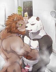 alex_lyon_(bad2bad) anthro bad_2_bad:_extinction bald_eagle balls crocodilian dail_reiner_(bad_2_bad) debirobu furry giant_panda green_eyes lion muscular muscular_male nipples nude_male pan_colman_(b2b_extinction) penis rico_igelcias_(b2b_extinction) shower_room tan_fur white_fur