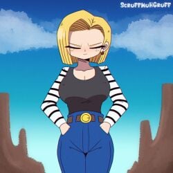 1girls android_18 animated big_breasts blush breasts clothed clothes clothing color colored dragon_ball female female_only front_view fully_clothed gif hands_in_pockets hips huge_breasts humanoid large_breasts ripped_clothing scruffmuhgruff shounen_jump solo solo_female standing straight tagme thick thick_thighs thighs torn_clothes torn_clothing voluptuous wardrobe_malfunction wide_hips