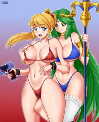 2girls absurd_res arm_between_breasts big_breasts bikini blonde_hair blue_background blue_bikini blue_eyes breast_grab breasts cleavage deviantart duo eyebrows eyebrows_visible_through_hair fanbox_reward female female/female female_only gradient_background green_eyes green_hair groping groping_breasts gummslime gumroad gun hi_res holding_object holding_weapon kid_icarus large_breasts laurel_crown laurel_wreath licking_lips light-skinned_female light_skin long_hair metroid midriff multiple_girls navel nintendo open_mouth palutena patreon ponytail red_background red_bikini samus_aran staff standing super_smash_bros. super_smash_bros._ultimate surprised thick_thighs very_long_hair weapon wide_hips yuri zero_suit_samus