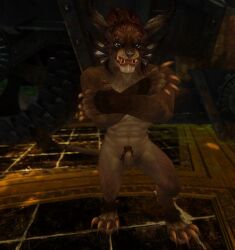 4_ears animal_genitalia anthro balls charr felid fur genitals guild_wars hair hi_res male mammal multi_ear nude screencap_edit sheath solo solo_male