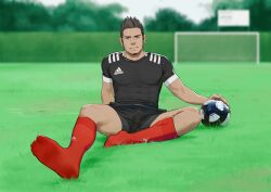 1boy black_hair gay long_socks male muscular_male red_socks short_hair soccer soccer_uniform socks tube_socks