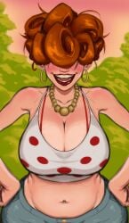 1girls alternate_version_available big_breasts blush blushing_at_viewer briefly excited hair_covering_eye hair_covering_eyes hand_on_hip huge_breasts lee_kanker looking_at_viewer red_lipstick solo_female tagme wide_hips