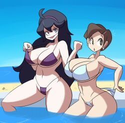 2girls alternate_breast_size beach big_ass big_breasts bikini breasts_bigger_than_head earrings enormous_ass gabby_(pokemon) hand_on_hip hex_maniac huge_ass huge_breasts huge_hips interviewer_(pokemon) interviewer_(pokemon_oras) long_hair massive_breasts npc_trainer pcengine pokemon pokemon_oras pokemon_xy seductive short_hair tagme thick_thighs water wide_hips