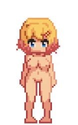 1girls animated barefoot blonde_hair blue_eyes bouncing_breasts breasts completely_nude completely_nude_female exhibitionismclub mikan_(exhibitionismclub) navel nipples nude nude_female short_hair sprite_art white_background