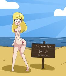 ass bikini bikini_bottom bikini_bottom_pull bikini_pull bikini_top blonde_female blonde_hair blush butt clothing_optional embarrassed female female_focus female_only ocean solo solo_female solo_focus strawberriexe thong veronica_(strawberriexe) wardrobe_malfunction