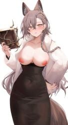 1girls animal_ears arknights bare_breasts black_dress book braid braided_hair breasts_out dress female female_focus female_only grey_hair holding holding_book holding_object jacket jacket_open large_breasts light-skinned_female light_skin long_dress long_hair looking_at_viewer nipples no_bra nude penance_(arknights) ru_zhai simple_background solo tagme wolf_ears wolf_girl yellow_eyes