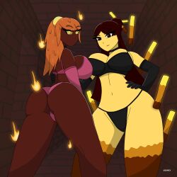 2girls azurexarts bedroom_eyes bikini blaze blaze_(minecraft) bra brown_eyes brown_hair female female_only gloves lingerie magma_cube minecraft nether nude orange_eyes orange_hair panties red_body tagme thick_thighs yellow_body