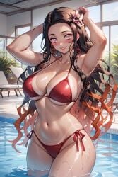 ai_generated arms_behind_head arms_up big_ass big_breasts big_butt bikini black_hair blush breasts breasts_bigger_than_head cleavage demon_girl demon_slayer hourglass_figure huge_ass huge_breasts huge_butt kamado_nezuko kimetsu_no_yaiba long_hair multicolored_hair nezuko_kamado pink_eyes pool rcally red_bikini ribbon tanline thick_thighs thighs wide_hips