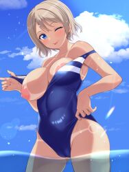 bikini_tan blue_eyes blue_sky blush breasts brown_hair cameltoe competition_swimsuit covered_navel day female highres large_breasts looking_at_viewer love_live! love_live!_sunshine!! mobukichi nipples off_shoulder one-piece_swimsuit one_breast_out one_eye_closed outdoors shiny_skin short_hair sky smile solo standing swimsuit tan tanlines watanabe_you water wet