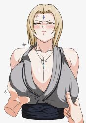 angry big_breasts blonde_hair breasts daemonz grabbing grabbing_breasts huge_breasts milf naruto naruto_(series) naruto_shippuden pinching_nipples tsunade