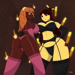 2girls azurexarts bedroom_eyes bikini blaze blaze_(minecraft) bra brown_eyes brown_hair female female_only gloves lingerie magma_cube minecraft nether nude orange_eyes orange_hair panties red_body stockings tagme thick_thighs thighhighs yellow_body