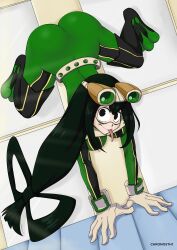 ass deviantart fanbox_reward female gummslime gumroad hero_outfit_(mha) jumpsuit my_hero_academia on_model patreon skin_tight tagme tsuyu_asui upside-down