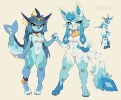 2024 2girls blue_body blue_eyes blue_fur blue_hair blush blush_lines breasts brown_eyes cetacean_tail claws cute eeveelution english_text featureless_breasts featureless_crotch female female_only fluffy fluffy_tail furry furry_only generation_1_pokemon generation_4_pokemon glaceon holding_hands looking_at_viewer medium_breasts navel paws pokémon_(species) pokemon pokemon_(species) pokemon_dppt pokemon_rgby reference_image shiny_pokémon shiny_pokemon signature simple_background tail vaporeon waspsalad wet wet_body wholesome yuri