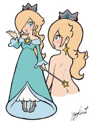 1girls accurate_art_style artist_signature ass back back_view blonde_hair blue_eyes blush crown cute dress earrings female hovering long_hair makeup mario_(series) multiple_images princess_dress princess_rosalina super_mario_galaxy wand yamino_ekakinin