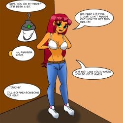 alien_girl alien_humanoid ben_10 ben_tennyson benfire bra dc dc_comics dressing_room female_ben gender_transformation genderswap_(mtf) gwen_tennyson quattrosayla rule_63 solo starfire tagme tamaranean teen_titans