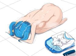 all_fours ass barefoot blue_hair breasts clothing completely_nude cum cum_on_body cum_on_clothes cum_on_hair dogeza female hirogaru_sky!_precure jiseki medium_breasts naked_dogeza nude precure pretty_cure side_ponytail solo sora_harewataru thighs unworn_clothes