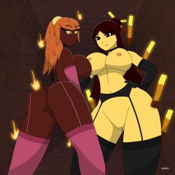 2girls azurexarts bedroom_eyes bikini blaze blaze_(minecraft) brown_eyes brown_hair dark-skinned_female dark_skin female female_only gloves lingerie magma_cube minecraft multiple_girls nether nude orange_eyes orange_hair red_body stockings tagme thick_thighs thighhighs yellow_body