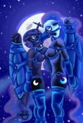 alicorn animated anthro areola armor bdsm blue_eyes bondage bound breasts cutie_mark equid equine eyeshadow female female/female friendship_is_magic hasbro horn makeup mammal moon muzzle_(object) my_little_pony night nightmare_moon_(mlp) nipples princess_luna_(mlp) purple_eyeshadow quakehoof selfcest wings yuri