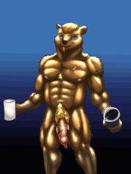 animated anthro bear blue_eyes bodily_fluids brown_bear bruin container cup detailed detailed_fur fluffy_chest foreskin fur genital_fluids genitals grin grinning_at_viewer humanoid kodiak_bear light lustful_gaze lusty_bear magazine male male_only mammal muscular navel nipples nude penis precum pubes razialdrakken ready_to_play rolled_up_magazine scar simple_background slicked_back_hair smile smiling_at_viewer smirk smirking_at_viewer solo solo_focus sunlight ursine