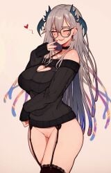 1girls bare_shoulders black_legwear black_sweater blush choker closed_eyes clothing female female_only garter_belt glasses grey_hair hairless_pussy hand_to_own_mouth hand_under_breasts heart heart_cutout highres indie_virtual_youtuber laugh legs_together legwear light-skinned_female long_hair mature_female mole mole_under_mouth nail_polish nails no_panties open_mouth pochimaru_(vtuber) pussy red_nails round_glasses shaved_pussy smile solo spoken_heart standing stockings sweater thick_thighs thighs uncensored vagina varniskarnis virtual_youtuber voluptuous wide_hips