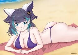 1girls ass azur_lane beach cheshire_(azur_lane) cheshire_(summery_date!)_(azur_lane) deviantart fanbox_reward female female_only gummslime gumroad light-skinned_female light_skin looking_at_viewer outdoors patreon royal_navy_(azur_lane) solo tagme