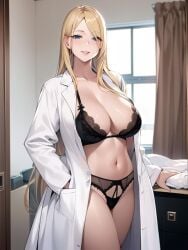 1girls ai_generated ai_mirror belly_button big_breasts black_lingerie blonde_hair blue_eyes blush curtains doctor door half-closed_eyes hand_in_pocket hand_on_table lingerie long_hair looking_at_viewer medical_gown nurse open_clothes seductive smile white_skin window