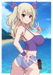 1girls ass back back_view bare_shoulders bare_thighs beach big_ass big_breasts big_butt blonde_hair blush brown_eyes clothed clothing color fairy_tail fairy_tail_mark female female_focus female_only hi_res jean_shorts large_breasts long_hair looking_at_viewer looking_back lucy_heartfilia pink_tattoo ribbons sea smile solo solo_female tagme tattoo tattoo_on_hand tattooed_hand thick_thighs virus-g water