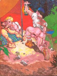 michael_kirwan original gay yaoi tagme traditional_art male male_only 3boys ass anus balls penis erection camping pubic_hair blonde_hair black_hair caught night forest fellatio lantern