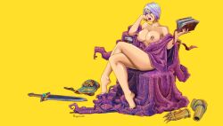 2015 book crossed_legs female isabella_valentine large_breasts lipstick short_hair sitting solo soul_calibur sword vf02ss wallpaper white_hair yellow_background