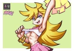 1girls 2025 arm_up armpits artist_name belly_button blonde_hair blue_eyes bracelet breasts breasts_out cheerleader clothed clothed_female clothes_lift clothing collaboration female gold_jewelry green_background hair happy hi_res human inverted_nipples jewelry light-skinned_female light_skin long_hair looking_at_viewer navel nipples one_arm_up open_mouth panty_&_stocking_with_garterbelt panty_anarchy parallaxfused partially_clothed pink_clothing pom_poms pose posing puffy_nipples raised_arm shibayamamohu shirt shirt_lift side_view signature simple_background skirt small_breasts smile smiling smiling_at_viewer solo standing stomach teeth tongue upper_body