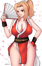 blonde_hair breasts brown_eyes deviantart fanbox_reward gummslime gumroad king_of_fighters looking_at_viewer mai_shiranui_(cosplay) naruto patreon tsunade