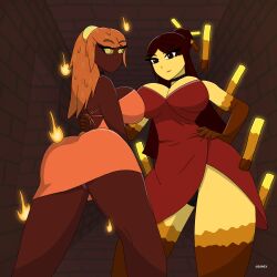 2girls azurexarts bedroom_eyes bikini blaze blaze_(minecraft) bra brown_eyes brown_hair dress female female_only gloves lingerie magma_cube minecraft nether nude orange_eyes orange_hair panties red_body stockings tagme thick_thighs thighhighs upskirt yellow_body