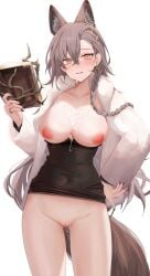 1girls animal_ears arknights bare_breasts black_dress book braid braided_hair breasts_out cum cum_on_body cum_on_breasts dress female female_focus female_only grey_hair heart-shaped_pupils holding holding_book holding_object jacket jacket_open large_breasts light-skinned_female light_skin long_dress long_hair looking_at_viewer nipples no_bra nude penance_(arknights) ru_zhai simple_background smile solo tagme wolf_ears wolf_girl yellow_eyes