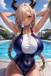 1girls ai_generated armpits arms_behind_head azur_lane blonde_hair braid braided_hair breasts competition_swimsuit female flyingpancake gyaru hair_over_one_eye hips huge_breasts long_hair one-piece_swimsuit outdoors owari_(azur_lane) sitting smile solo stable_diffusion swimsuit tan tan-skinned_female tanned_skin thick_thighs thighs twintails water wide_hips