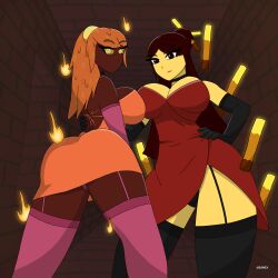 2girls azurexarts bedroom_eyes bikini blaze blaze_(minecraft) bra brown_eyes brown_hair dress female female_only gloves lingerie magma_cube minecraft nether nude orange_eyes orange_hair panties red_body stockings tagme thick_thighs thighhighs upskirt yellow_body