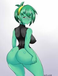 1girls 2021 allbeatnik ass female female_only green_body green_hair leotard looking_at_viewer looking_back looking_back_at_viewer narrowed_eyes red_eyes rottytops shantae solo thick_ass unamused zombie zombie_girl