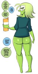 1girls ass bottomless cartoon_network casual clothing dialogue english_text female female_only gem_(species) green_body green_eyes green_hair looking_at_viewer looking_back looking_back_at_viewer name_drop peridot_(steven_universe) rear_view saltyxodium sketch slur solo speech_bubble standing steven_universe talking_to_viewer very_high_resolution white_background