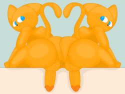 alpog21_(artist) anthro ass ass_to_ass balls big_butt black_nose blue_eyes digital_media_(artwork) domestic_cat duo erection felid feline felis genitals hi_res male male/male mammal nude orange_body orange_ears orange_head orange_penis orange_tail penis raised_tail sibling simple_background sitting small_nose smile trod twins